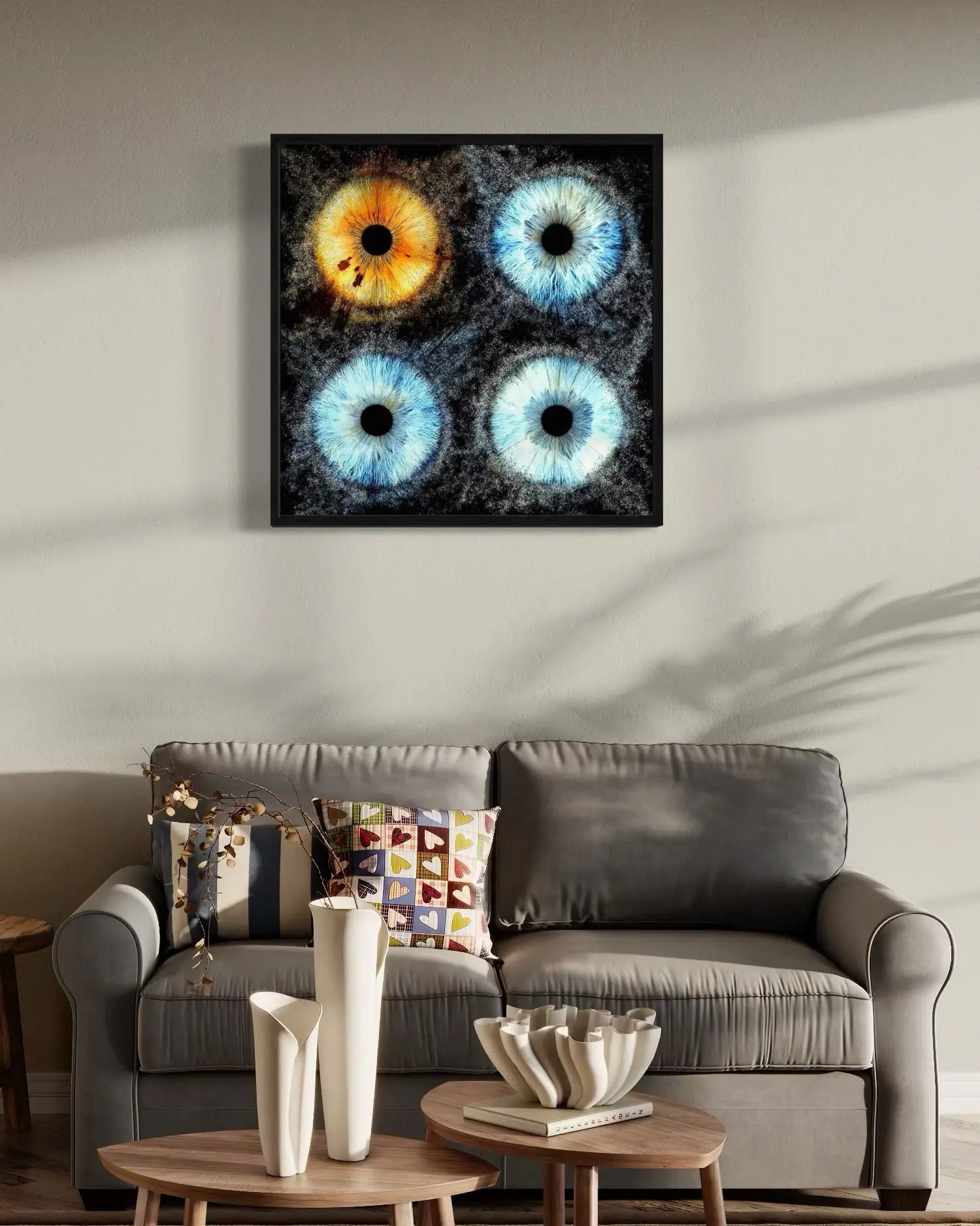 Framed Family Quadruple Iris artwork in living room